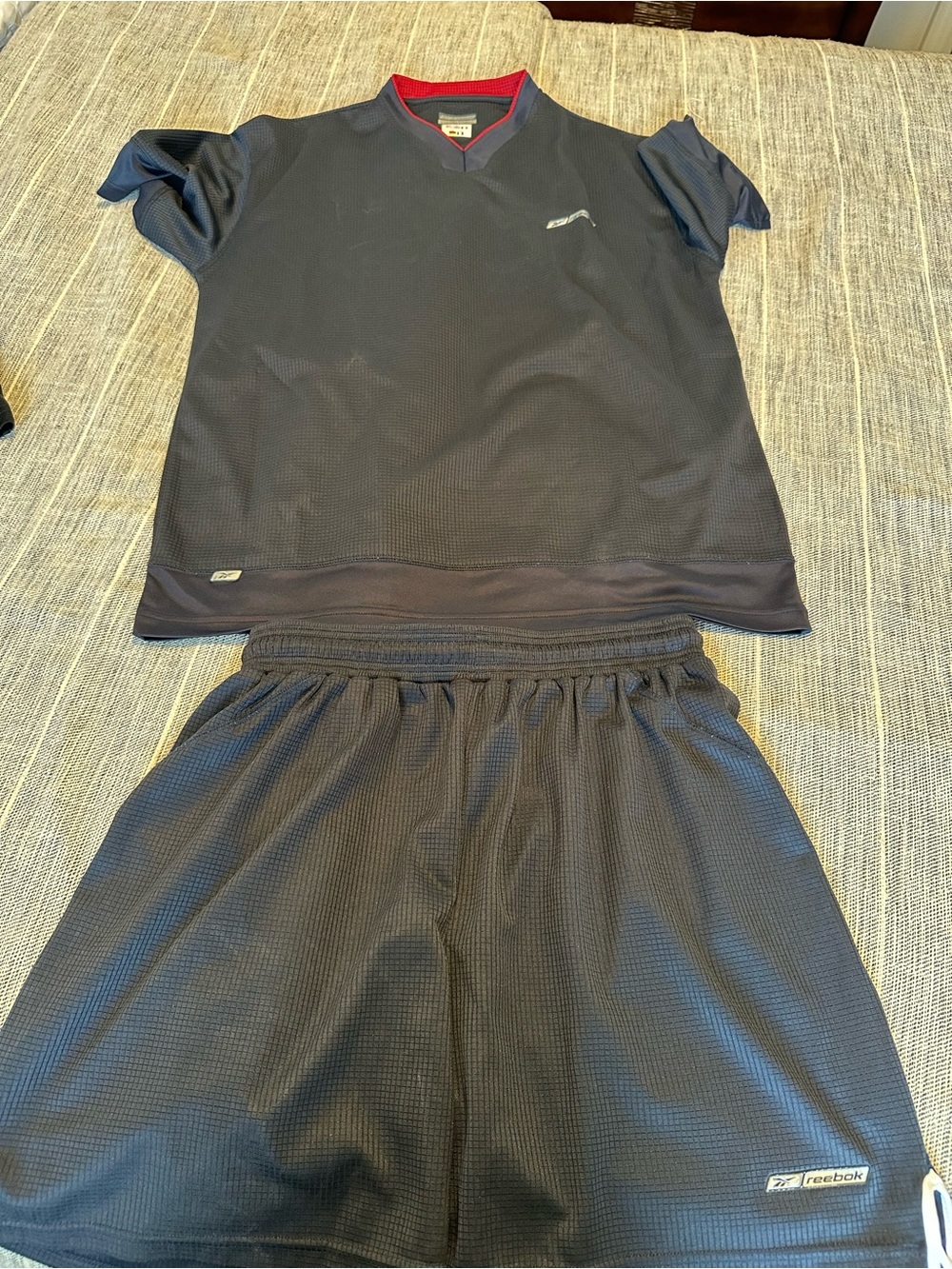 Reebok Men’s Black Athletic Shorts with Red-Trim Collar Shirt
